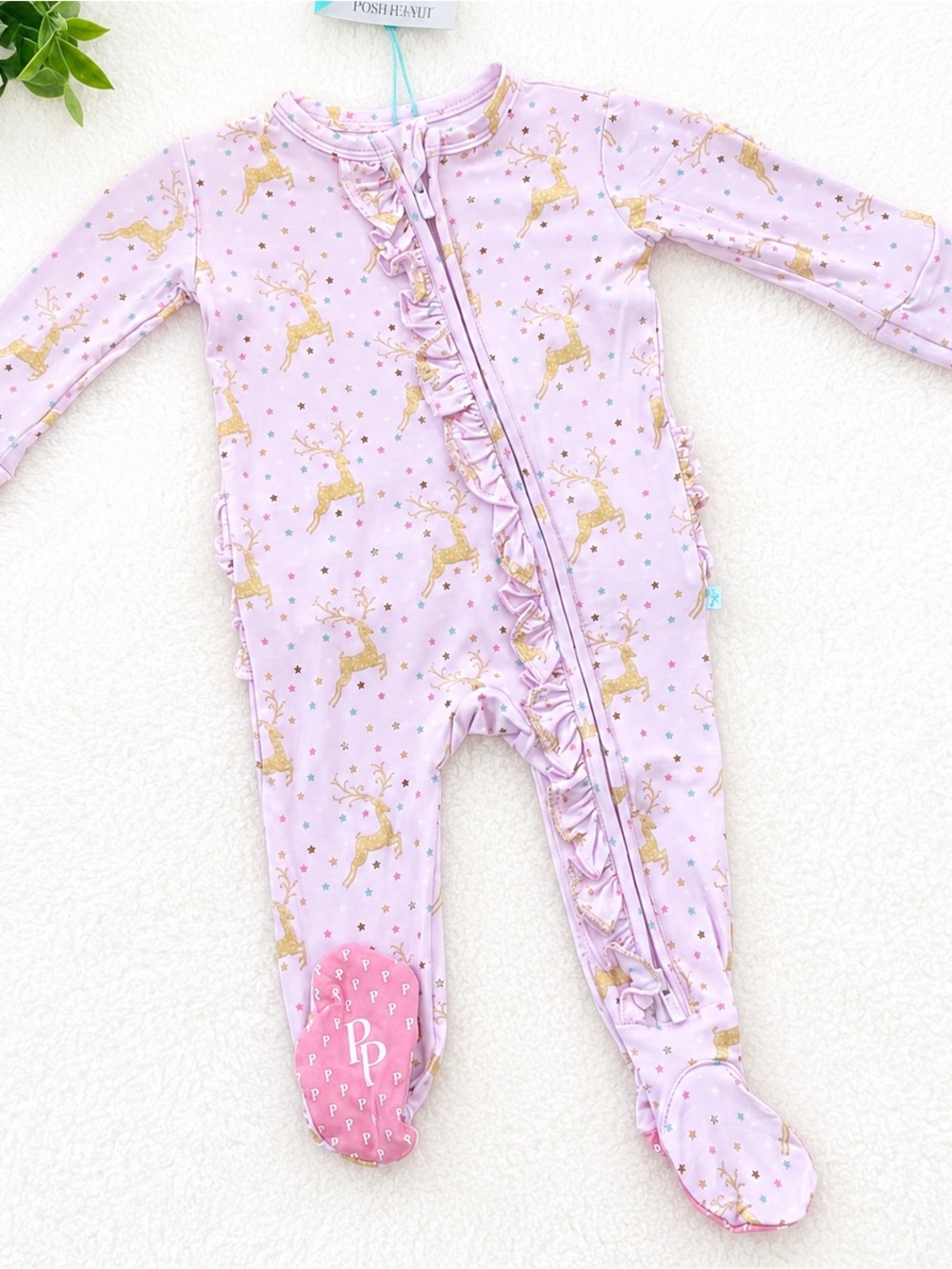 NWT Posh Peanut Ryleigh Reindeer Bamboo Footie Pink 0-3M Holiday